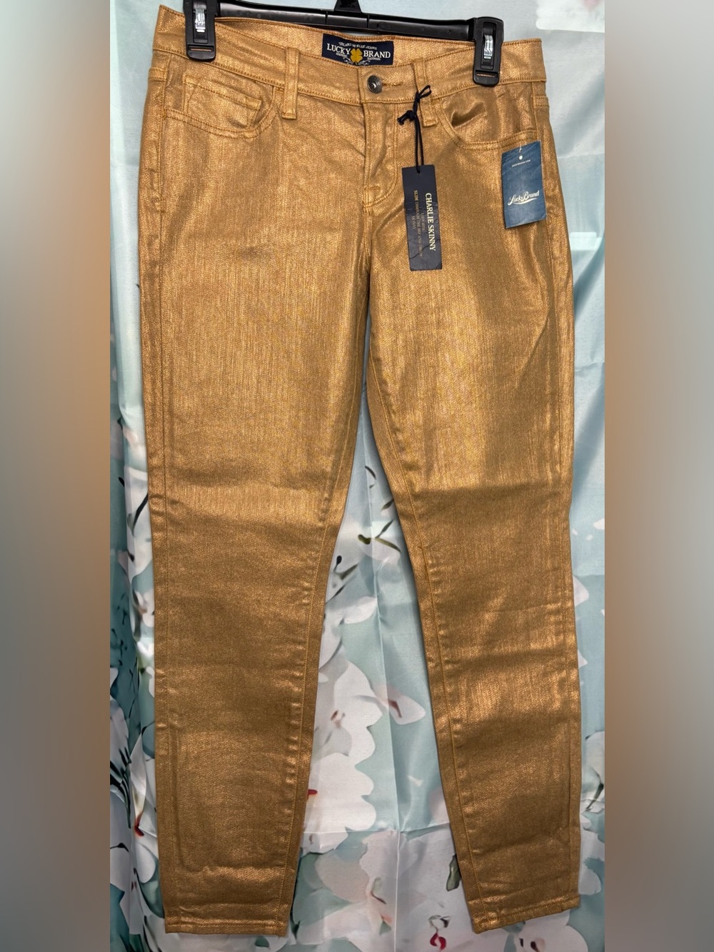 NWT Lucky Brand Charlie Skinny Metallic Gold Coated Ankle Jeans 6 / 28